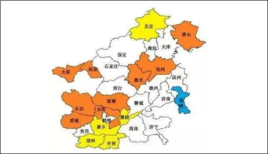 河北北部，山西北部，山東東、南部，河南南部部分城市。