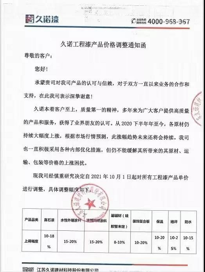 江蘇久諾建材對所有工程漆產(chǎn)品單價(jià)進(jìn)行調(diào)整