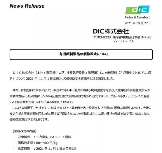 DIC顏料售價漲幅為80-400日元/kg