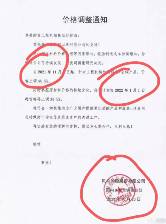 風(fēng)神輪胎、固鉑輪胎則宣布宣布旗下部分輪胎產(chǎn)品將分別于2022年1月、2021年12月1日開始價(jià)格最高上調(diào)5%。