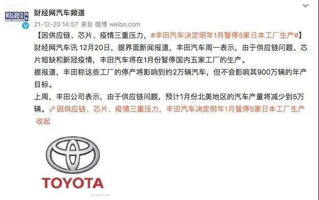 豐田汽車周一表示將于明年1月份暫停5家日本工廠的生產