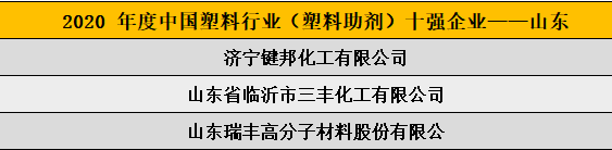 2020 年度中國(guó)塑料行業(yè)（塑料助劑）十強(qiáng)企業(yè)——山東