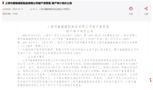 上饒市鑫敏橡膠制品有限公司破產(chǎn)清算案
