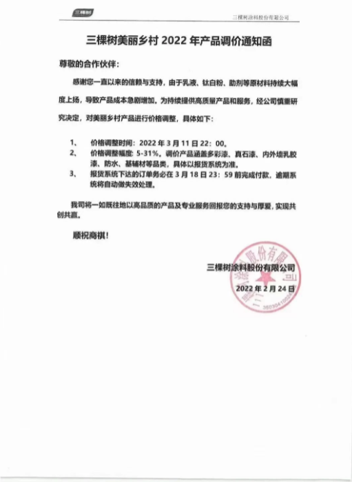 三棵樹(shù)調(diào)價(jià)通知函 三棵樹(shù)調(diào)價(jià)通知函