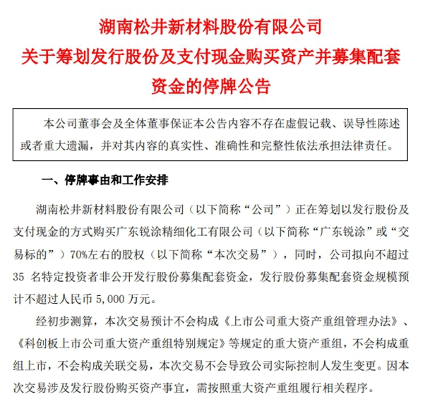 松井股份今日起停牌 計劃收購銳涂化工70%股權(quán) 松井股份今日起停牌 計劃收購銳涂化工70%股權(quán)
