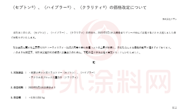 　可樂麗自5月1日起，對氫化苯乙烯基熱塑性彈 性體“Septon”和“Hyblur”以及丙烯酸嵌段共聚物“Clarity”的全球價格進行上調(diào)，漲幅為500美元/噸(約3158元/噸)。