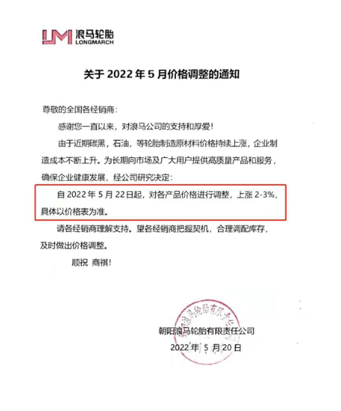浪馬輪胎宣布漲價(jià) 由于近期輪胎制造原材料價(jià)格持續(xù)上漲使得輪胎制造成本上升，浪馬輪胎宣布自5月22日起，對(duì)各產(chǎn)品價(jià)格進(jìn)行調(diào)整，上漲2%-3%。