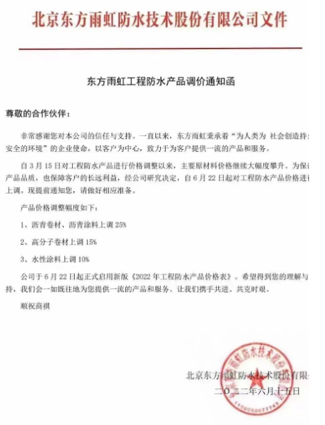 頂不住了！東方雨虹率先看漲！防水材料漲價潮來襲！ 