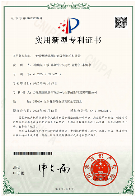 山東耐斯特炭黑公司自主完成的"一種具有除塵功能的炭黑壓縮機(jī)""一種炭黑成品用過磁及倒包分料裝置"2項成果順利通過審查，榮獲國家實用新型專利授權(quán)。