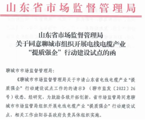 聊城市陽谷縣被定為電線電纜產(chǎn)業(yè)“提質(zhì)強企”行動建設(shè)試點