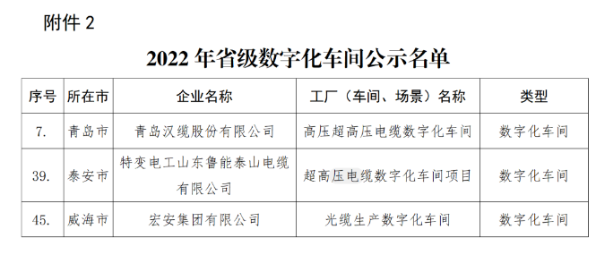 青島漢纜、特變電工山東魯能泰山電纜、宏安集團(tuán)入選2022年省級(jí)數(shù)字化車間公示名單