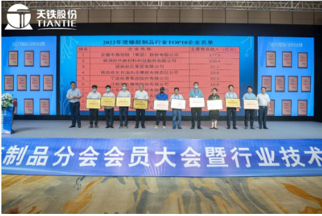 中國(guó)橡膠工業(yè)協(xié)會(huì)副會(huì)長(zhǎng)兼秘書長(zhǎng)雷昌純、分會(huì)第九屆理事長(zhǎng)王永剛為2022年度中橡協(xié)橡膠制品行業(yè)TOP10企業(yè)頒發(fā)牌匾。