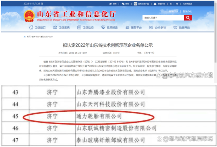 5月23日，山東省工業(yè)和信息化廳公布“2022年山東省技術創(chuàng)新示范企業(yè)”擬認定名單，通力輪胎赫然在列。