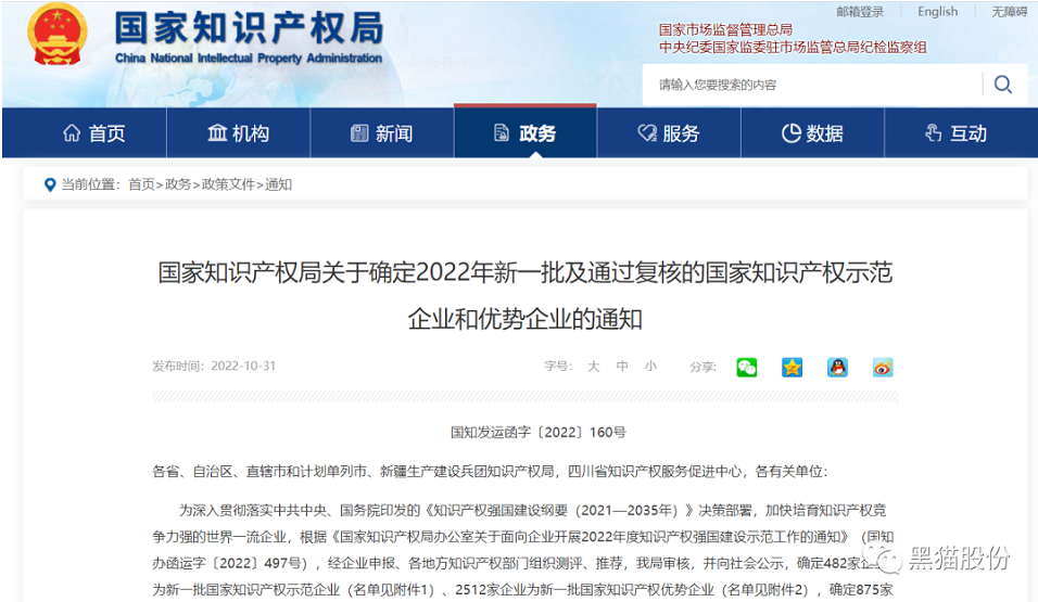喜報！黑貓股份榮列2022年國家知識產權優(yōu)勢企業(yè)