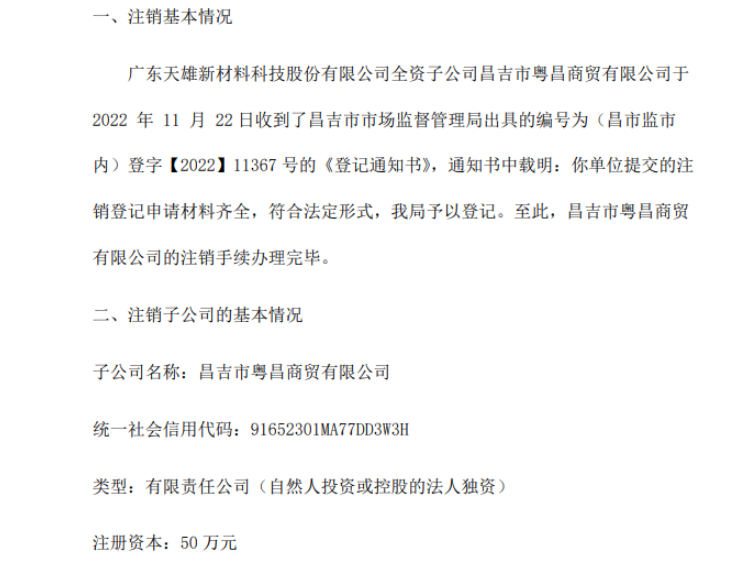 天雄新材擬注銷全資子公司昌吉市粵昌商貿(mào)有限公司 天雄新材擬注銷全資子公司昌吉市粵昌商貿(mào)有限公司