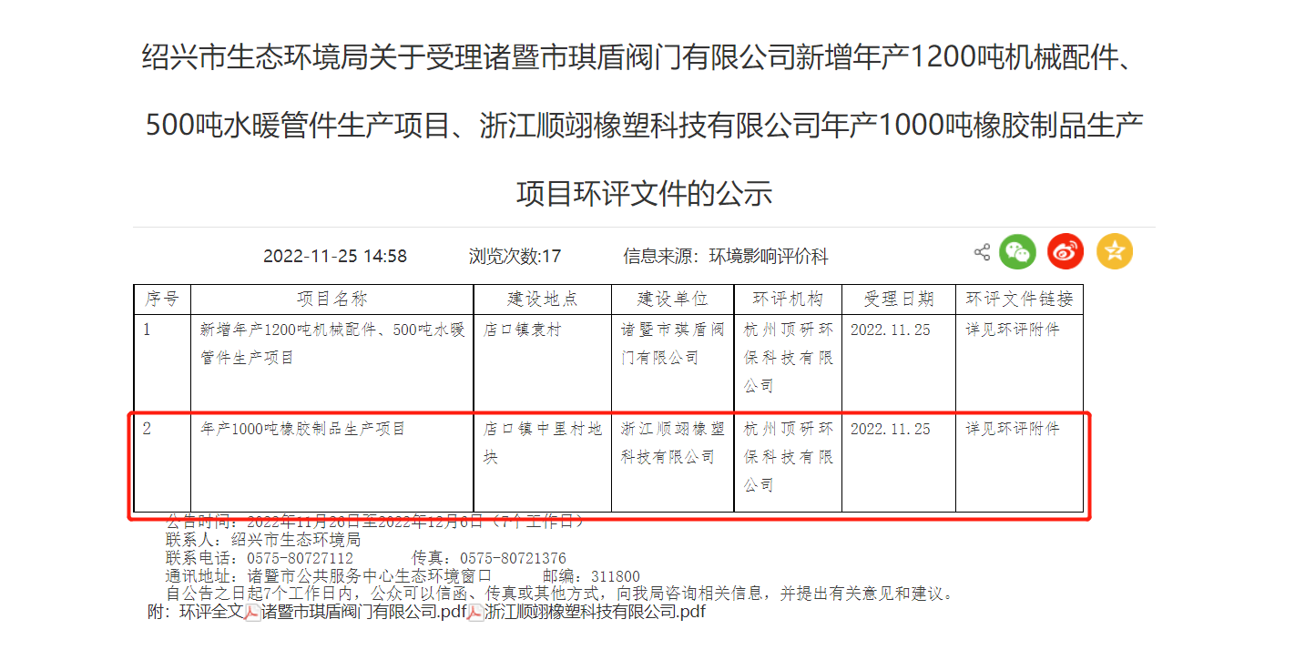 浙江順翊橡塑科技有限公司年產(chǎn)1000噸橡膠制品生產(chǎn)項(xiàng)目環(huán)評(píng)文件，對(duì)外公示。