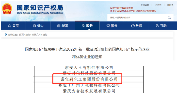 　嘉寶莉于2017年首次通過國家知識(shí)產(chǎn)權(quán)優(yōu)勢企業(yè)認(rèn)定，本次復(fù)核認(rèn)定，是政府和社會(huì)對嘉寶莉在知識(shí)產(chǎn)權(quán)工作的堅(jiān)實(shí)認(rèn)可，也是嘉寶莉在知識(shí)產(chǎn)權(quán)領(lǐng)域?qū)嵙Ψ€(wěn)步提升的見證。  