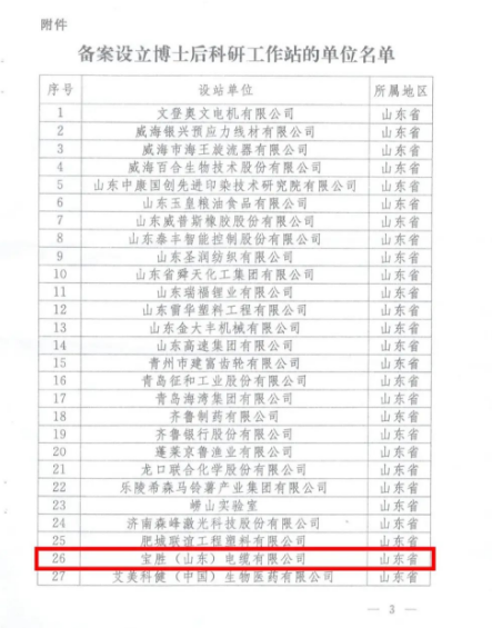 全國(guó)博士后管委會(huì)辦公室近日公布了2022年第二批博士后科研工作站新設(shè)站單位名單。寶勝(山東)電纜有限公司作為副會(huì)長(zhǎng)單位成功入選該名單。