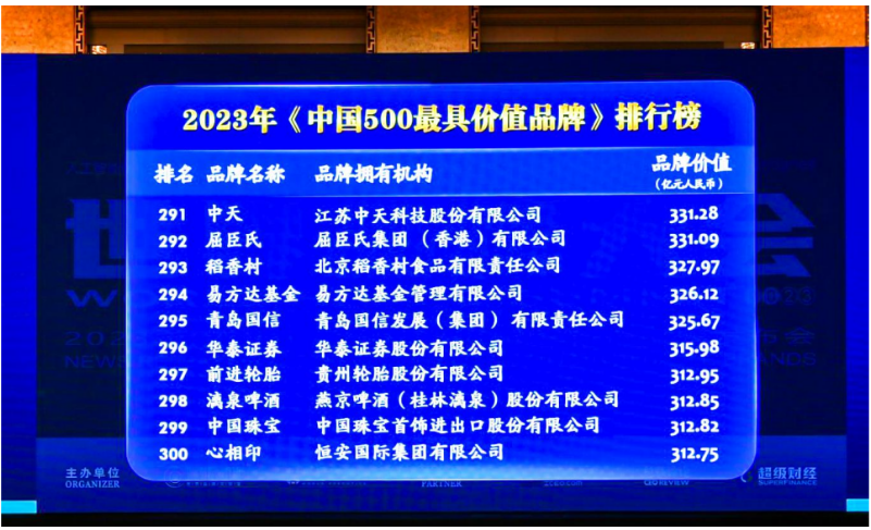 貴州輪胎前進(jìn)品牌以312.95億元人民幣的價值位列2023年(第二十屆)中國500最具價值品牌第297名。與去年相比，貴州輪胎前進(jìn)品牌的品牌價值增加了42.3億元人民幣，進(jìn)一步鞏固了其在國內(nèi)市場的地位，并成功進(jìn)軍國際化品牌陣營。