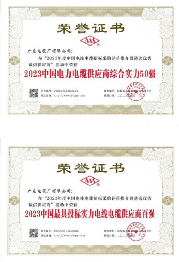 據(jù)了解，憑借卓越的綜合實(shí)力，包括出色的生產(chǎn)能力、技術(shù)創(chuàng)新和產(chǎn)品質(zhì)量，廣東電纜廠有限公司在該活動(dòng)中榮獲“2023中國(guó)電力電纜供應(yīng)商綜合實(shí)力50強(qiáng)”和“2023中國(guó)最具投標(biāo)實(shí)力電線電纜供應(yīng)商百?gòu)?qiáng)”。