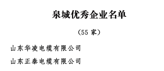 中共濟(jì)南市委、濟(jì)南市人民政府發(fā)布了《關(guān)于表彰濟(jì)南市優(yōu)秀企業(yè)和優(yōu)秀企業(yè)家的決定》，以激勵(lì)和表彰全市廣大企業(yè)和企業(yè)家在濟(jì)南經(jīng)濟(jì)社會(huì)發(fā)展中的卓越貢獻(xiàn)。經(jīng)過嚴(yán)格評(píng)選，55家企業(yè)被授予“泉城優(yōu)秀企業(yè)”稱號(hào)。其中山東華凌電纜有限公司、山東正泰電纜有限公司被授予“泉城優(yōu)秀企業(yè)”稱號(hào)。