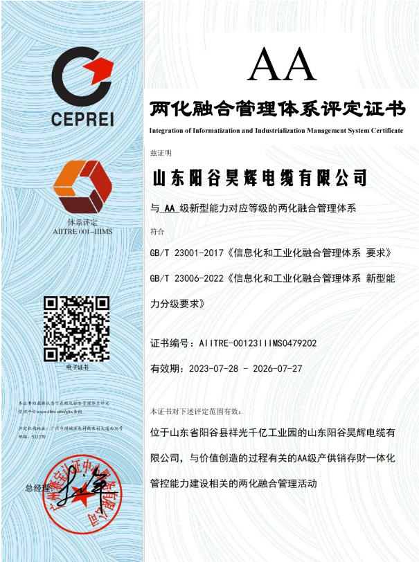 ，山東陽谷昊輝電纜有限公司在兩化融合管理體系貫標(biāo)工作取得階段性成果，成功通過體系評定，并獲得由國家工信部授權(quán)的評定機(jī)構(gòu)——廣州賽寶認(rèn)證中心服務(wù)有限公司頒發(fā)的兩化融合管理體系A(chǔ)A級評定證書。