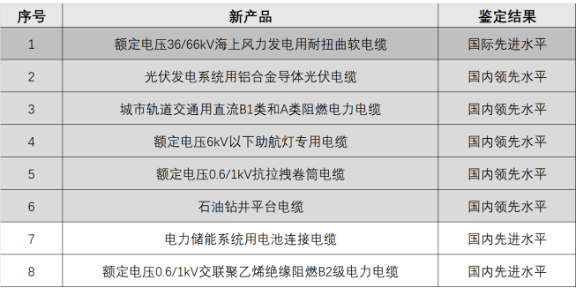 新疆維吾爾自治區(qū)工信廳科技質(zhì)量處副處長陳捷在開工典禮上對新纜廠自主研發(fā)的8款創(chuàng)新產(chǎn)品技術(shù)進行了權(quán)威鑒定。據(jù)了解，其中一款名為“額定電壓36/66千伏海上風(fēng)力發(fā)電用耐扭曲軟電纜”的產(chǎn)品達到了國際先進水平。此外，還有名為“鋁合金芯光伏線”和“儲能系統(tǒng)用電池連接電纜”的7款產(chǎn)品達到了國內(nèi)先進水平。