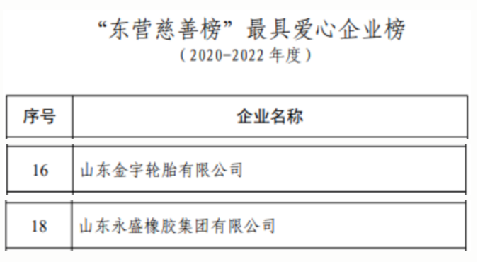 與此同時(shí)，金宇輪胎和永盛橡膠還榜上有名，入選了東營市最具愛心企業(yè)榜，這反映出這些企業(yè)在社會公益事業(yè)上的積極參與和貢獻(xiàn)。