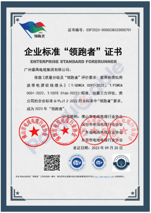宣布了2023年首批民營企業(yè)國家級(jí)“領(lǐng)跑者”名單。其中，番纜集團(tuán)憑借其柔性防火電纜、橡套電線電纜、家用和類似用途交流帶插頭電源軟線產(chǎn)品的卓越品質(zhì)，榮獲2023年度民營企業(yè)標(biāo)準(zhǔn)“領(lǐng)跑者”證書，為該行業(yè)樹立了新的標(biāo)桿。